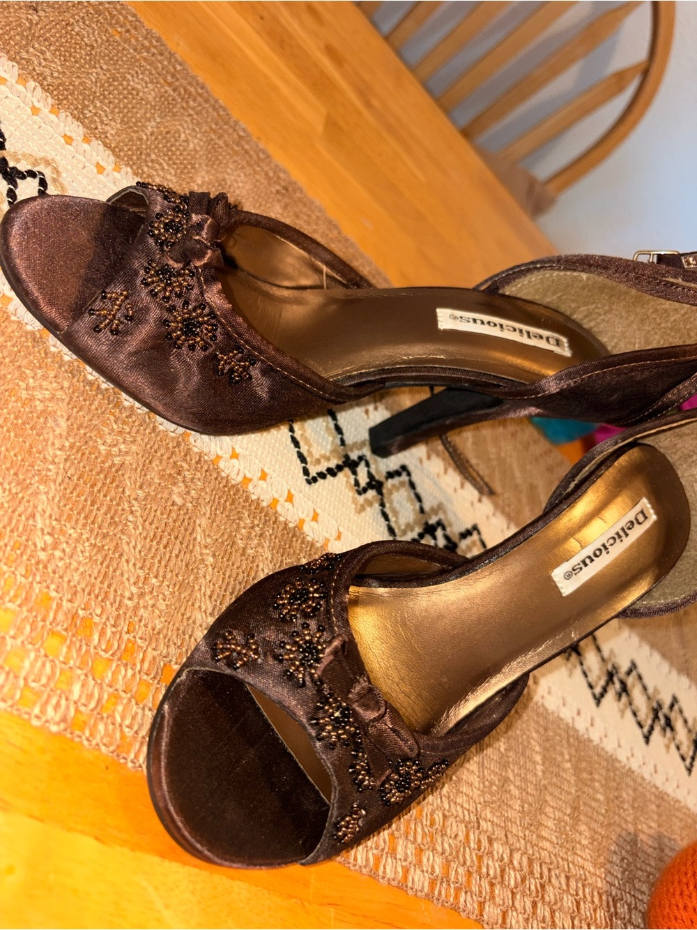 Vintage 1990s Delicious Brown Beaded Peep-Toe High Heels - Picture 4 of 7